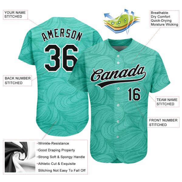 Custom Teal Black-White 3D Pattern Design Authentic Baseball Jersey - Image 3