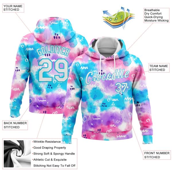 Custom Stitched Tie Dye White-Sky Blue 3D Abstract Watercolor Sports Pullover Sweatshirt Hoodie - Image 2