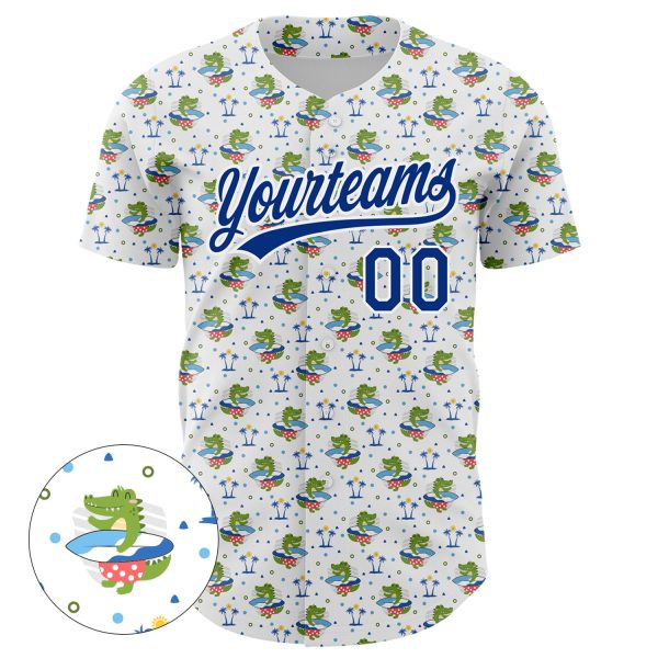 Custom White Royal 3D Pattern Design Animal Crocodile Surfing Authentic Baseball Jersey - Image 2