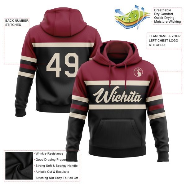 Custom Stitched Black Cream-Crimson Line Sports Pullover Sweatshirt Hoodie - Image 2