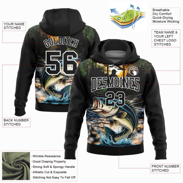 Custom Stitched Black White 3D Largemouth Bass Fish Fishing Sports Pullover Sweatshirt Hoodie - Image 2
