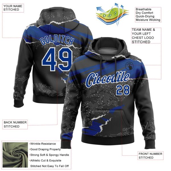 Custom Stitched Black Royal-White 3D Pattern Design Torn Paper Style Sports Pullover Sweatshirt Hoodie - Image 2