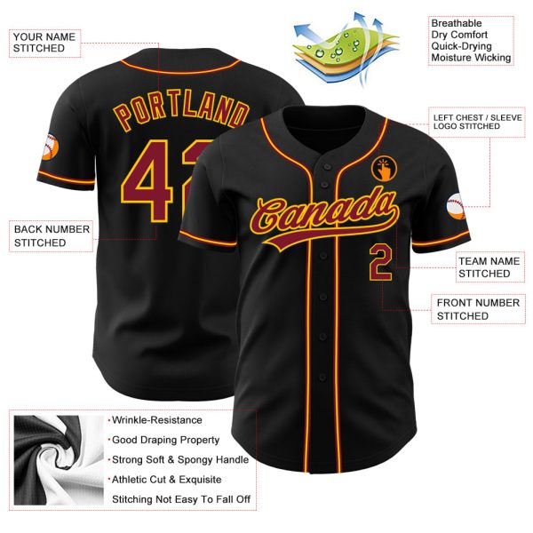 Custom Black Crimson-Gold Authentic Baseball Jersey - Image 3