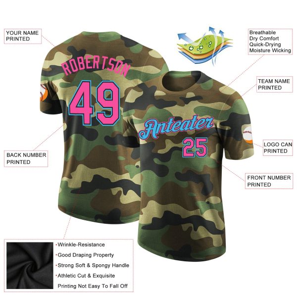 Custom Camo Pink Black-Sky Blue Performance Salute To Service T-Shirt - Image 2