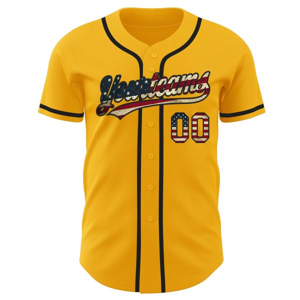 Custom Gold Vintage USA Flag-Black Authentic Baseball Jersey - Image 2