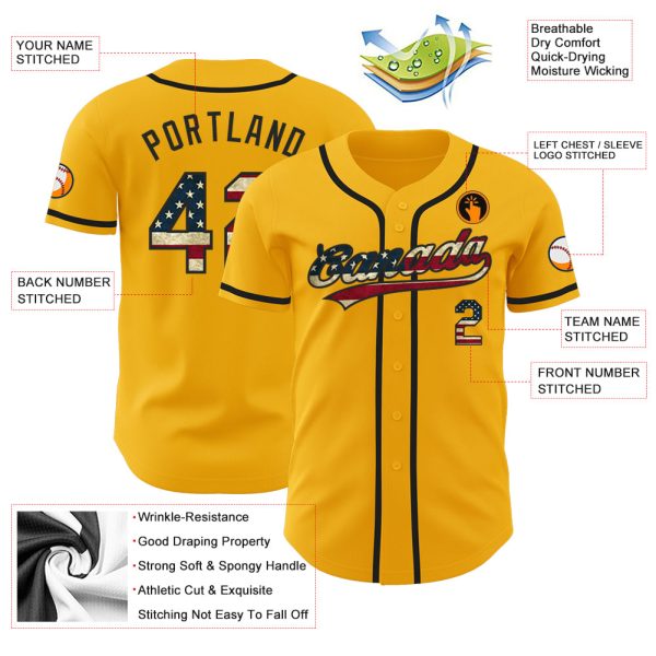 Custom Gold Vintage USA Flag-Black Authentic Baseball Jersey - Image 3