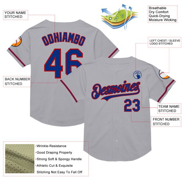 Custom Gray Royal-Red Mesh Authentic Throwback Baseball Jersey - Image 3