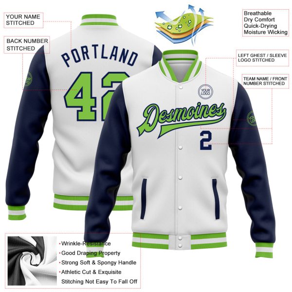 Custom White Neon Green-Navy Bomber Full-Snap Varsity Letterman Two Tone Jacket - Image 3