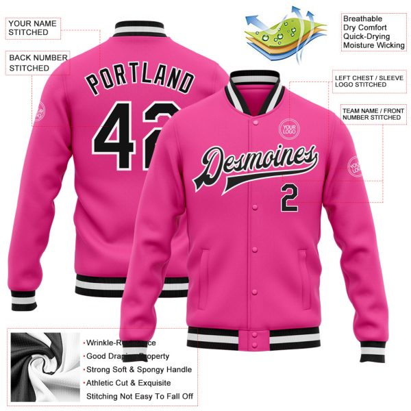 Custom Pink Black-White Bomber Full-Snap Varsity Letterman Jacket - Image 3