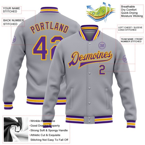 Custom Gray Purple-Gold Bomber Full-Snap Varsity Letterman Jacket - Image 3