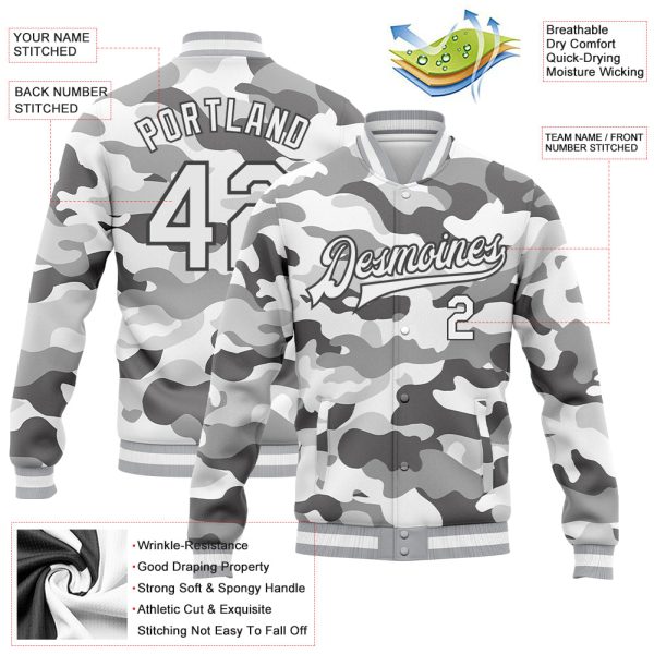 Custom Camo White-Steel Gray Snow Camouflage 3D Bomber Full-Snap Varsity Letterman Salute To Service Jacket - Image 3