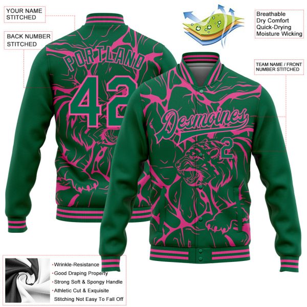 Custom Kelly Green Pink Abstract Network And Tiger 3D Pattern Design Bomber Full-Snap Varsity Letterman Jacket - Image 3