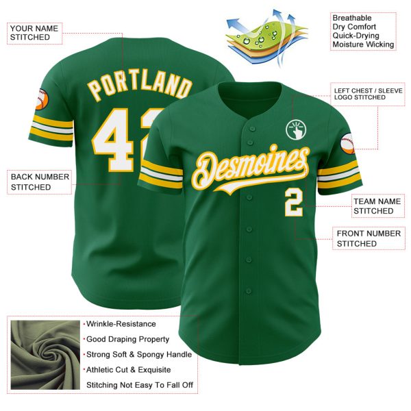 Custom Kelly Green White-Gold Authentic Baseball Jersey - Image 3