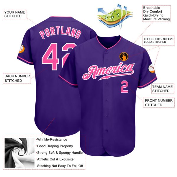 Custom Purple Pink-White Authentic Baseball Jersey - Image 3