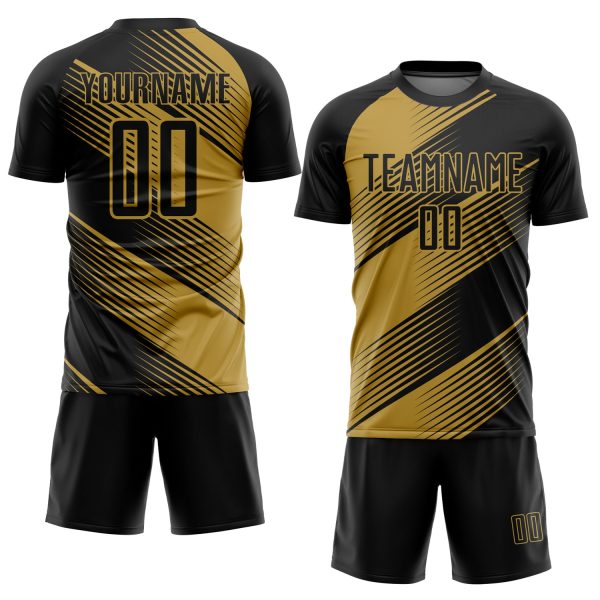 Custom Black Old Gold Line Sublimation Soccer Uniform Jersey - Image 2