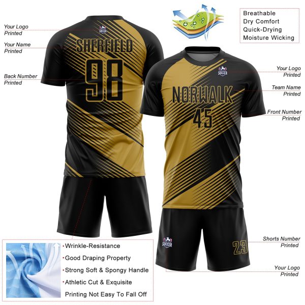 Custom Black Old Gold Line Sublimation Soccer Uniform Jersey - Image 4