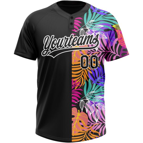 Custom Black White 3D Pattern Hawaii Tropical Palm Trees Two-Button Unisex Softball Jersey - Image 2