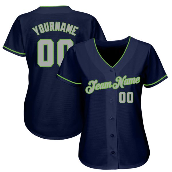 Custom Navy Gray-Neon Green Authentic Baseball Jersey Jersey - Image 2