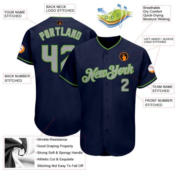 Custom Navy Gray-Neon Green Authentic Baseball Jersey Jersey - Image 3