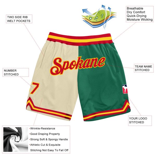 Custom Cream Red-Kelly Green Authentic Throwback Split Fashion Basketball Shorts - Image 2